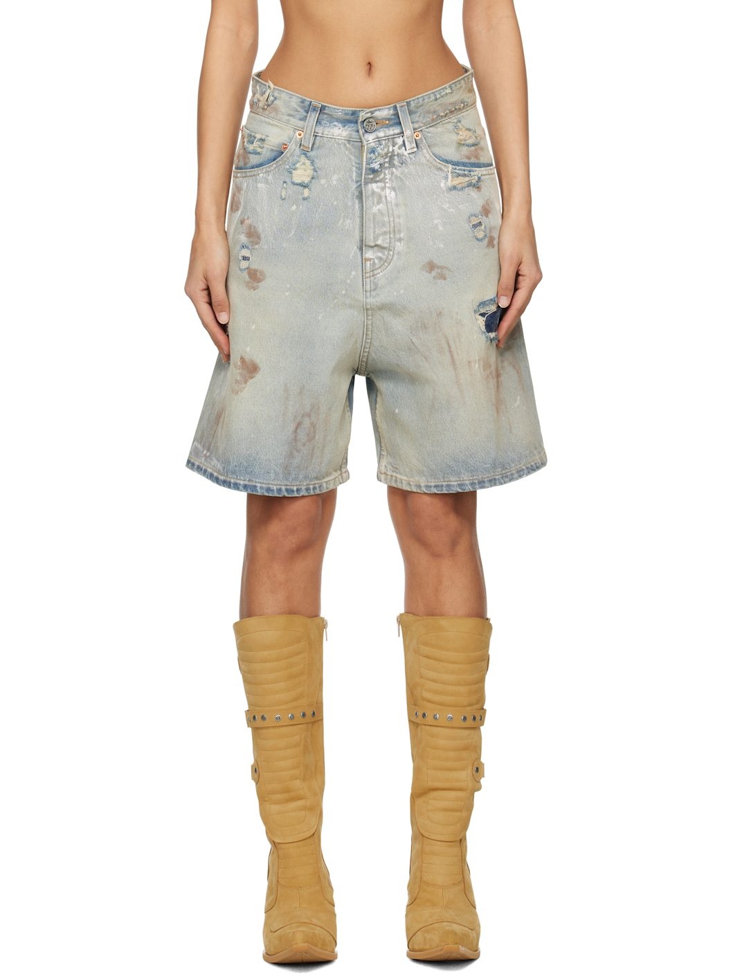 Blue Trashed Denim Shorts - 1