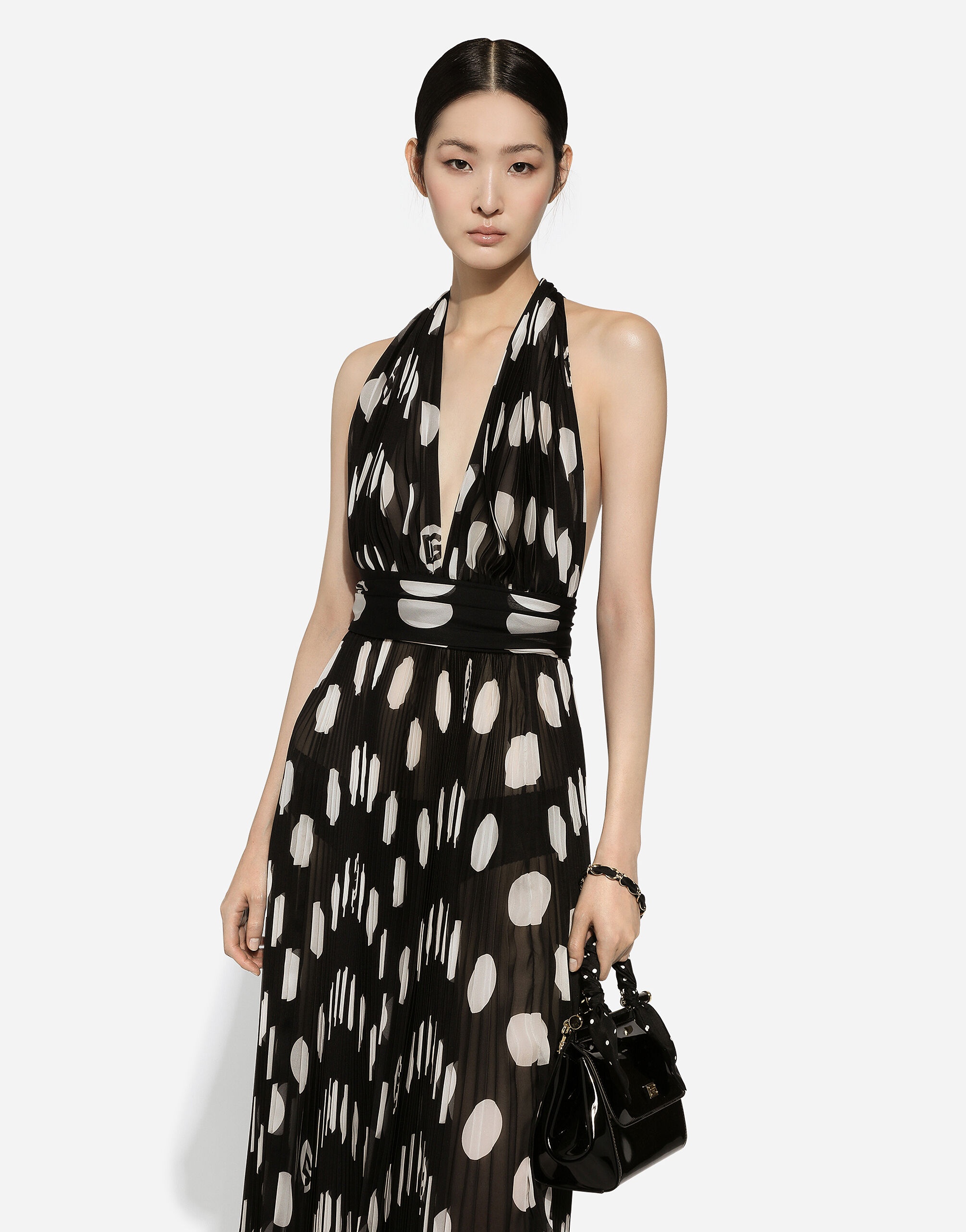 Pleated chiffon calf-length dress with polka-dot print - 4