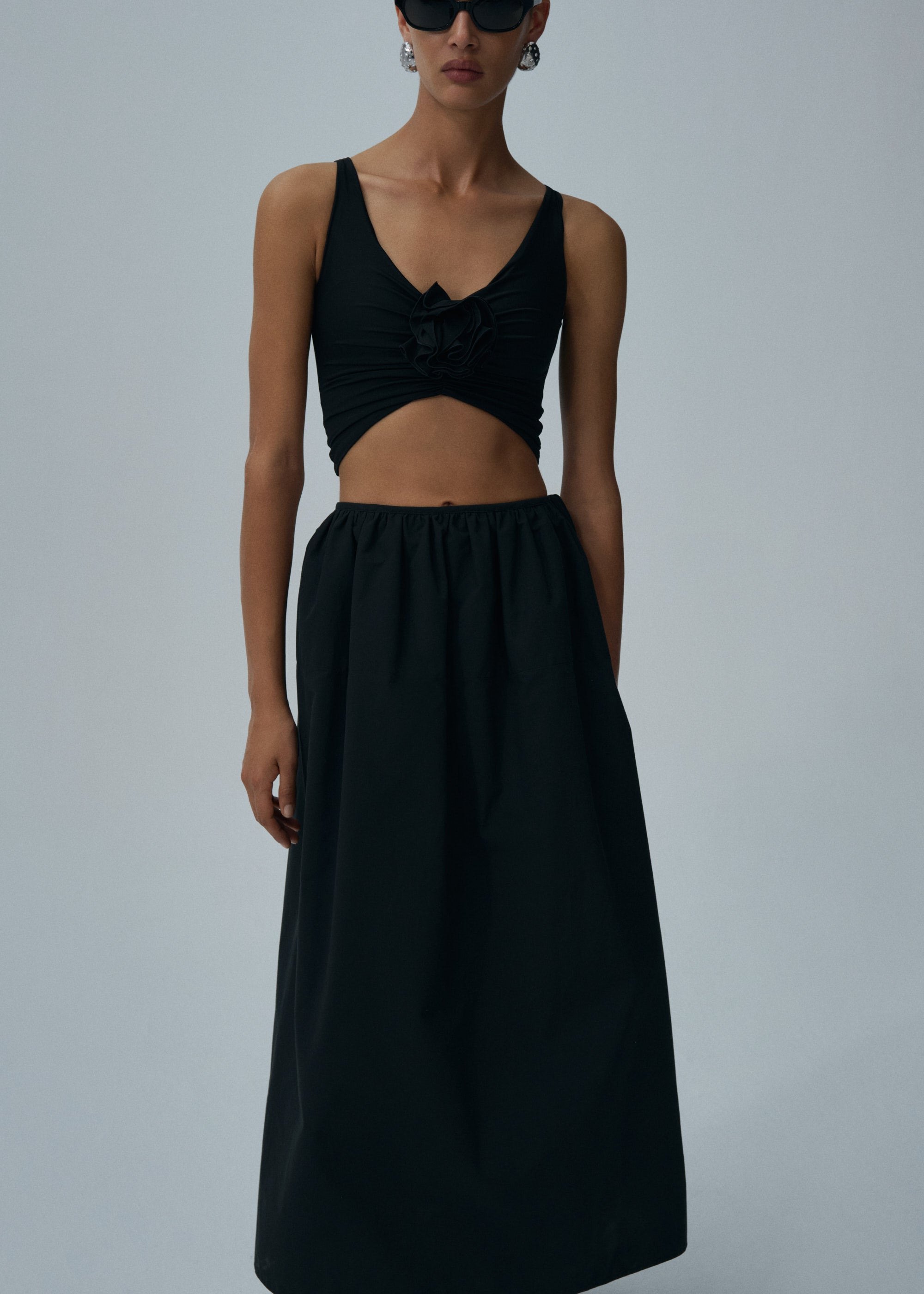 Ruched flower top in black - 4