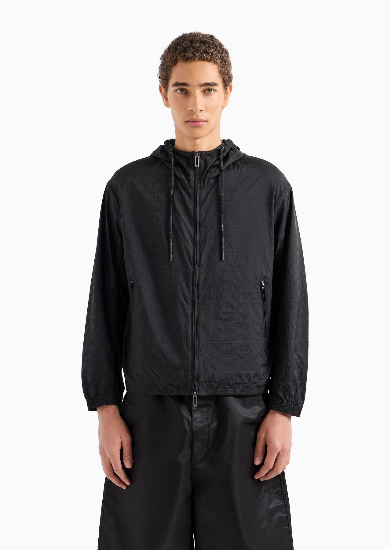 Lightweight nylon, hooded zip-up blouson with all-over jacquard lettering - 2