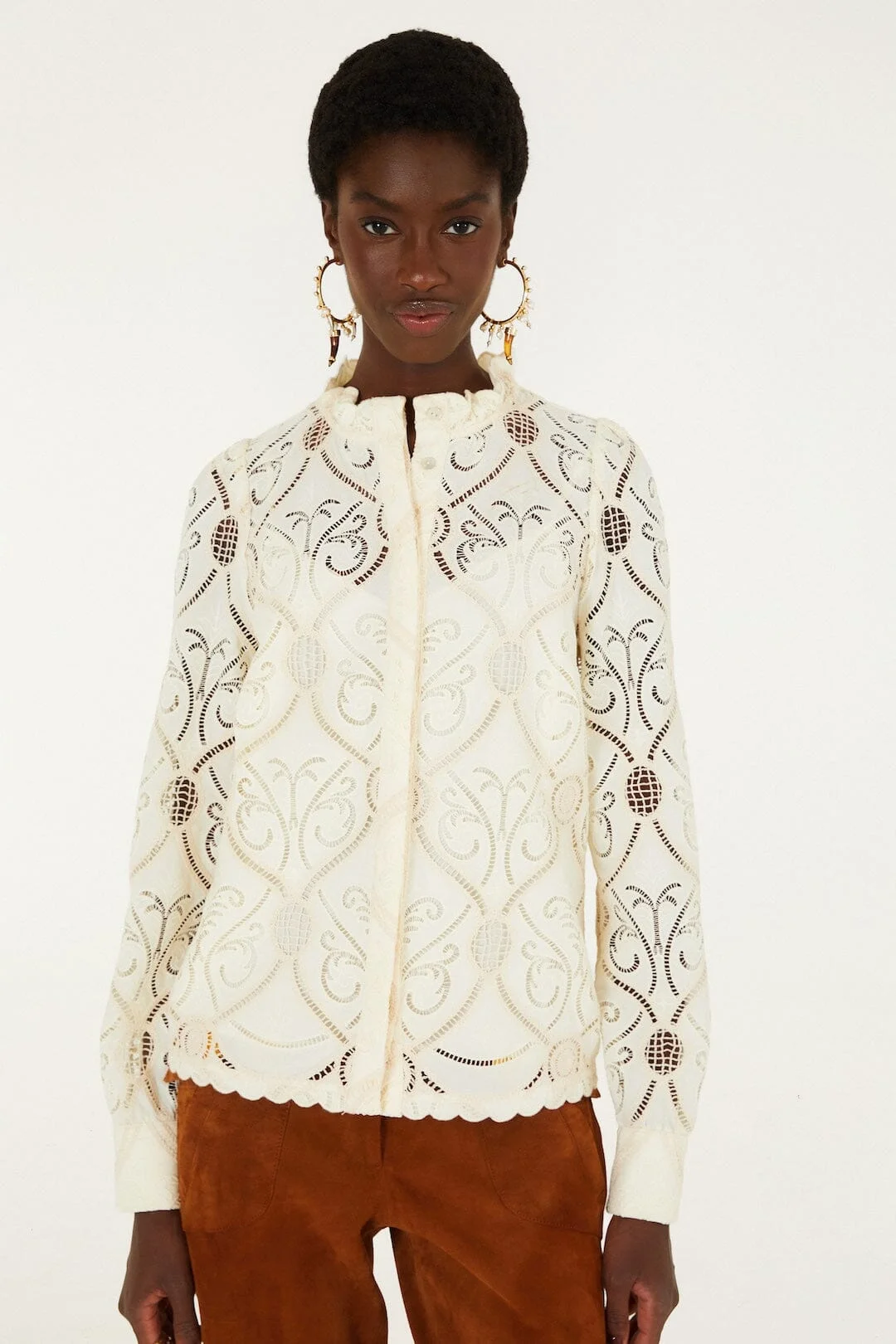 Graphic Lace Long Sleeve Blouse - 1