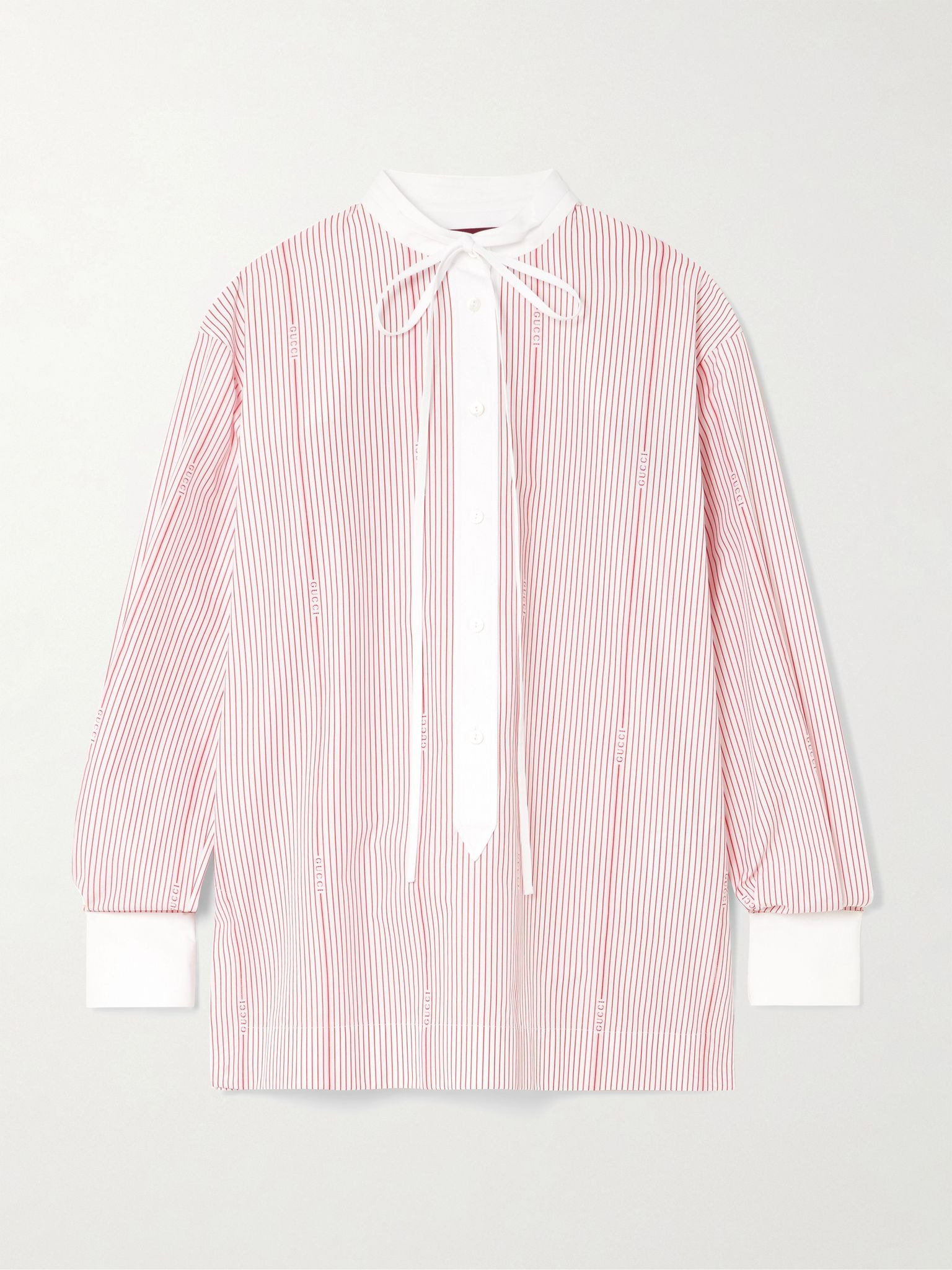 Tie-detailed striped cotton-poplin shirt Pink - 1
