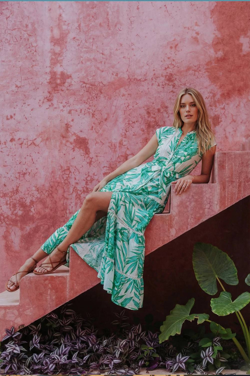 Long Dress Kora - Green Palm Leaf 1