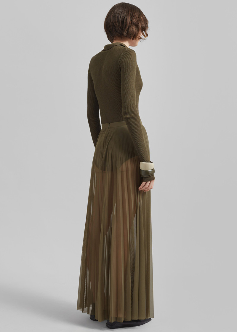 Vallen Pleated Mesh Maxi Skirt - Khaki 10