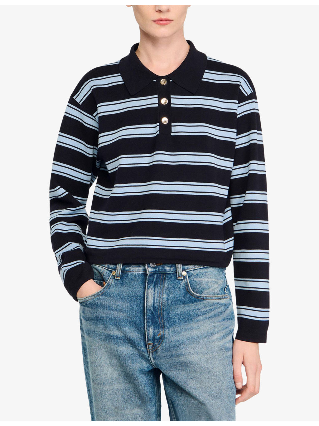 Striped Long-Sleeve Knitted Polo Sweater - 3