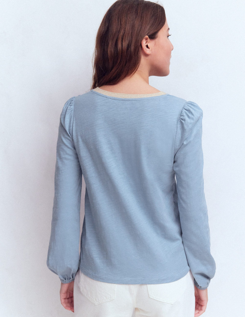 Metallic Trim V-neck Top-French Blue 4