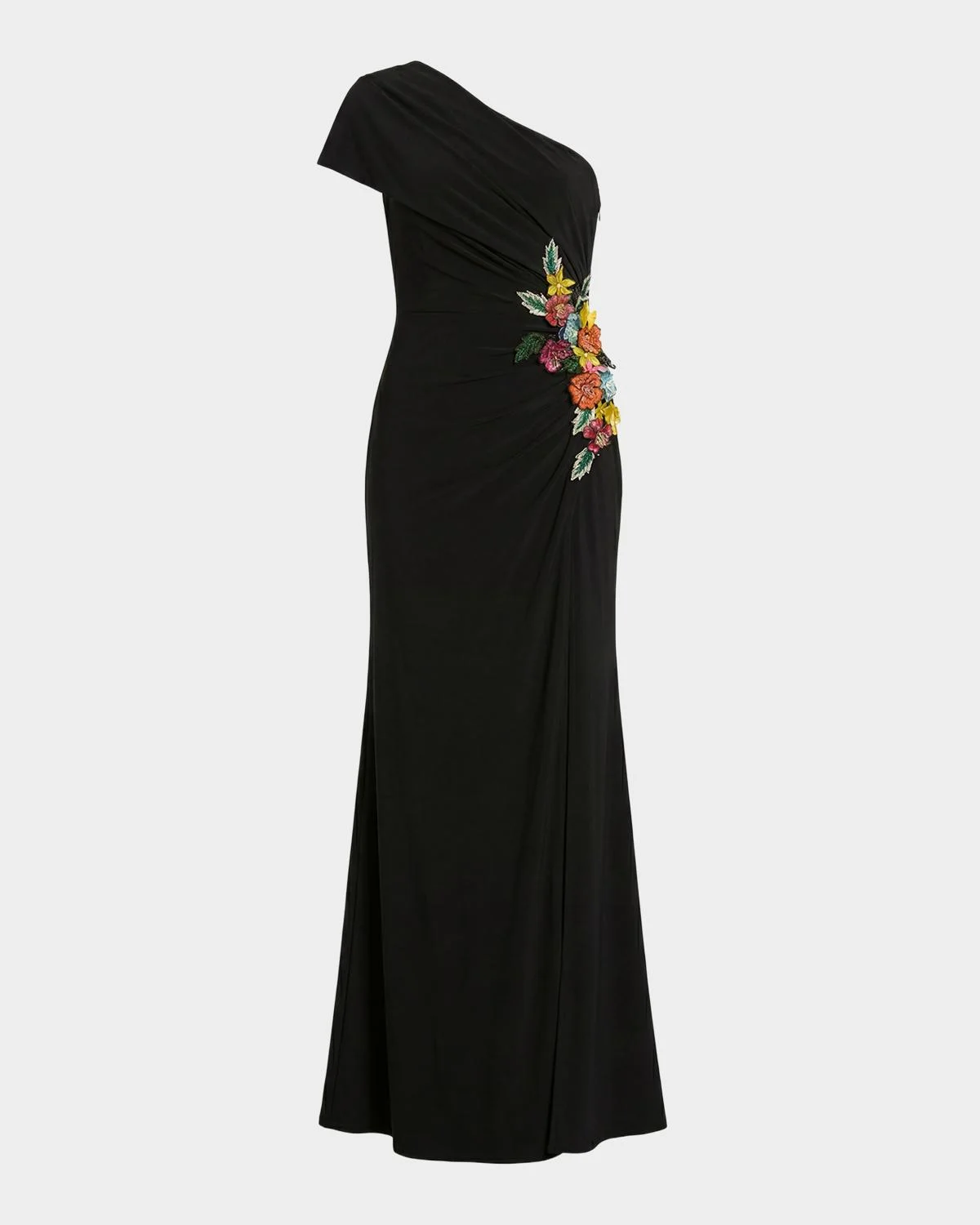 Beaded Floral Applique One-Shoulder Jersey Gown - 1