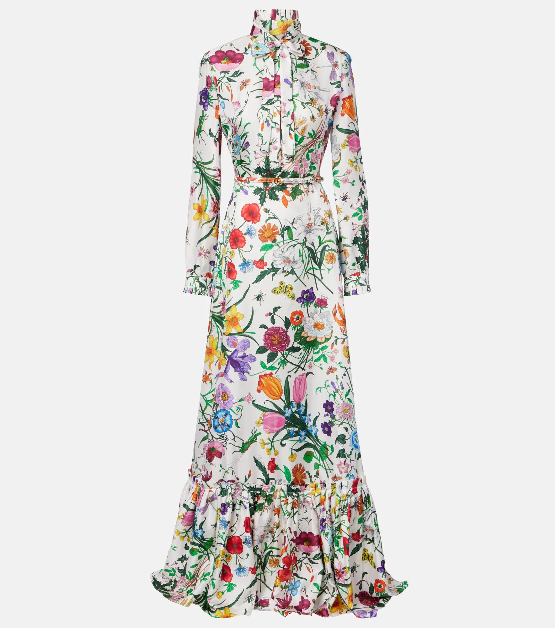 Floral belted silk twill gown - 1