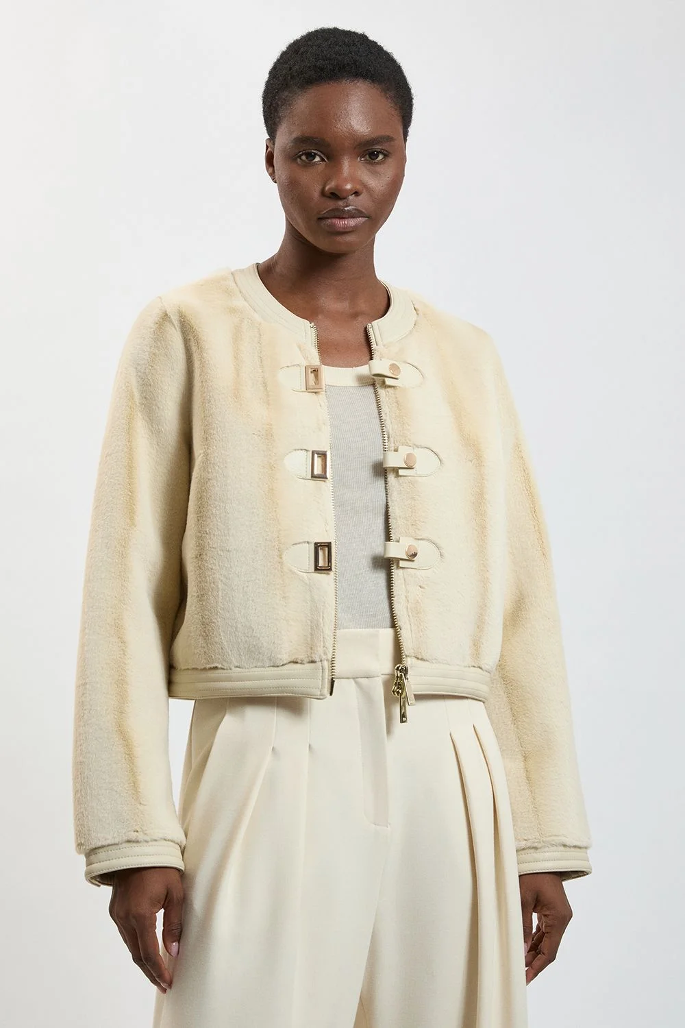 Faux Fur & Faux Leather Buckle Detail Collarless Tailored Short coat - 1