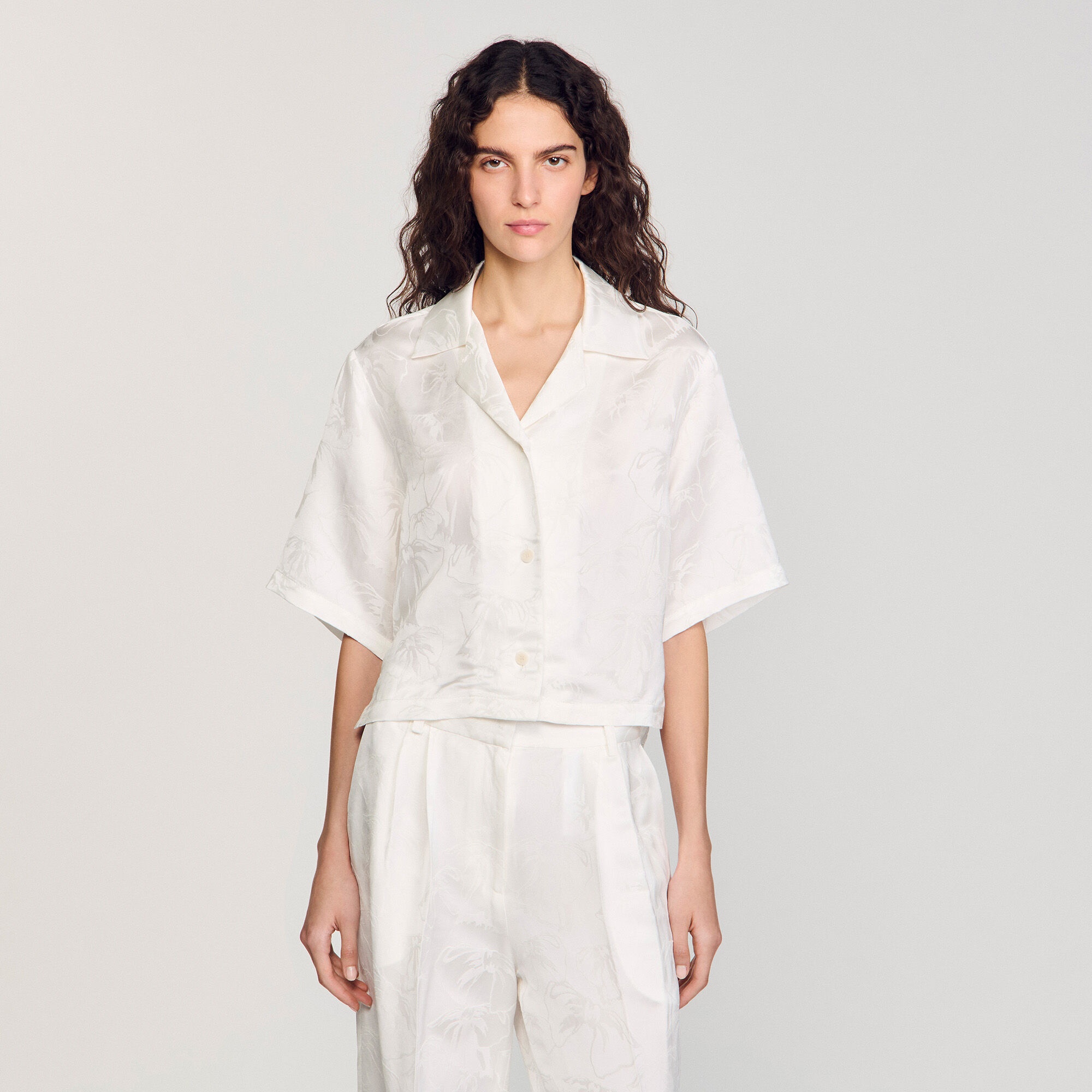 CROPPED SHIRT WITH JACQUARD FLOWERS - 4
