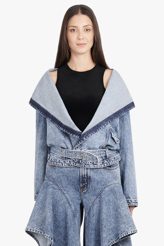 HOODED L/S DENIM BIKER JACKET | SNOW BLUE - 3
