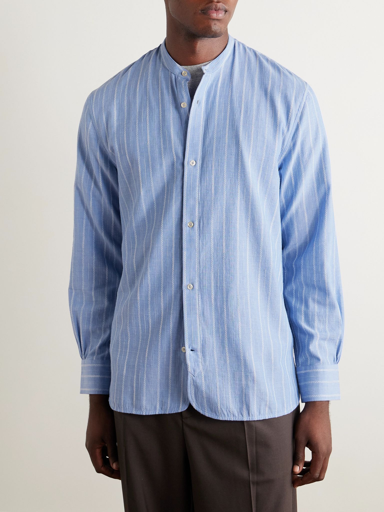 Gali Grandad-Collar Striped Organic Cotton-Voile Shirt Blue - 3