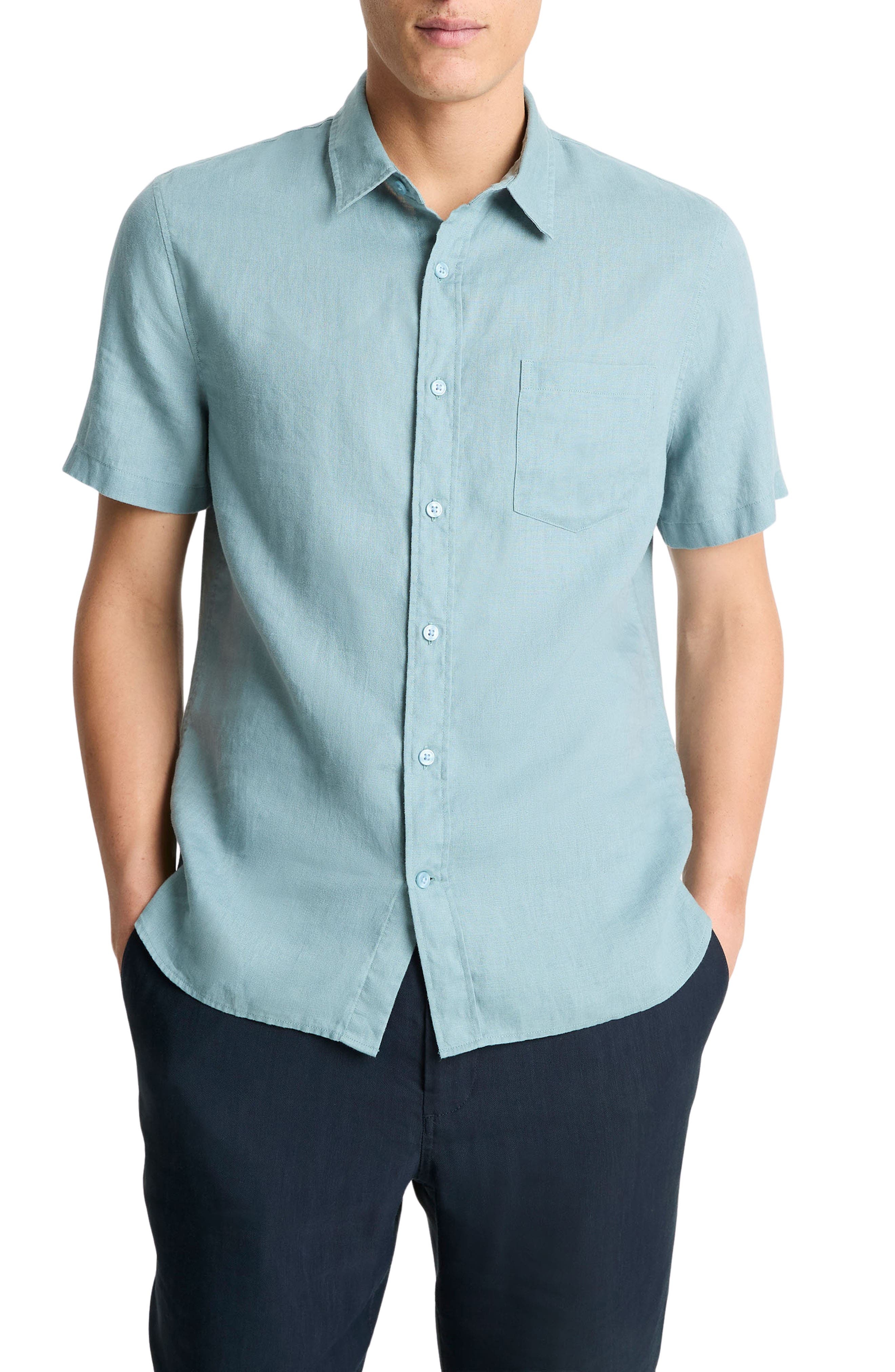 Vince Classic Fit Short Sleeve Linen Shirt in Lagoon at Nordstrom - 1