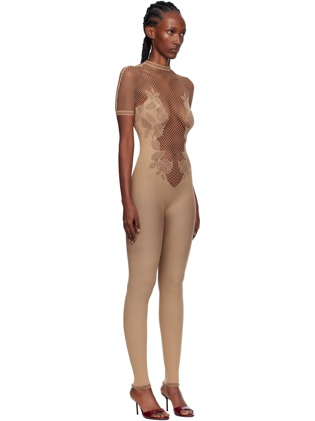 Beige Leaves Fishnet Jumpsuit - 2