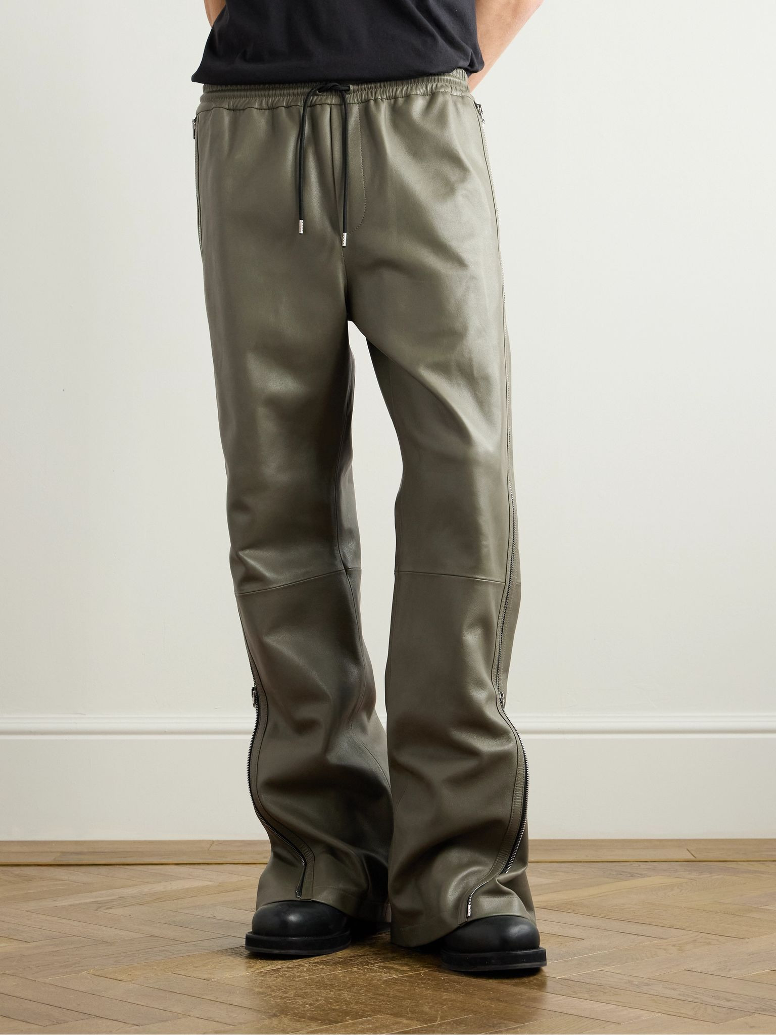 Straight-Leg Zip-Detailed Leather Drawstring Trousers Green - 3