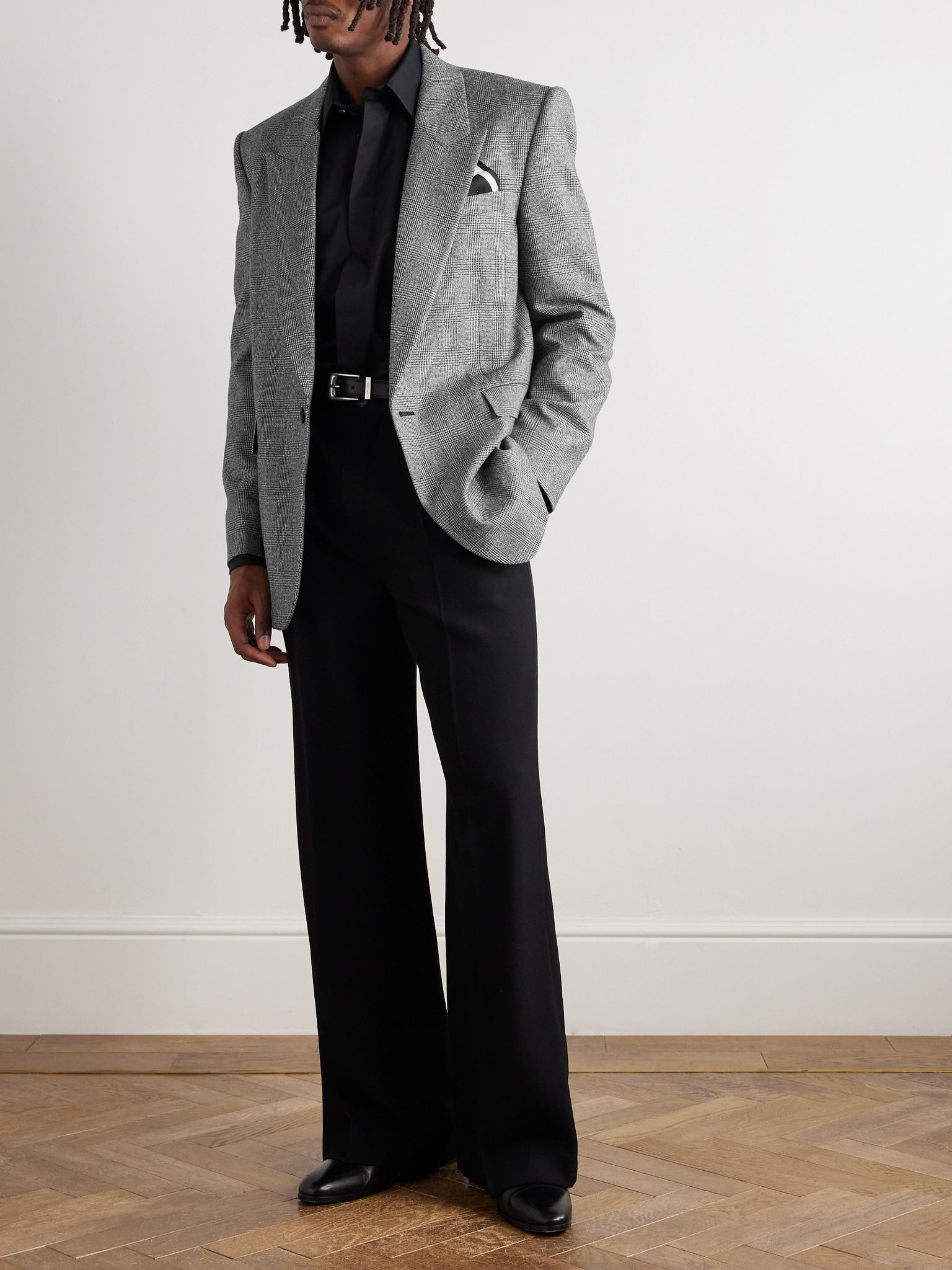 Prince of Wales Checked Wool Blazer Gray - 2