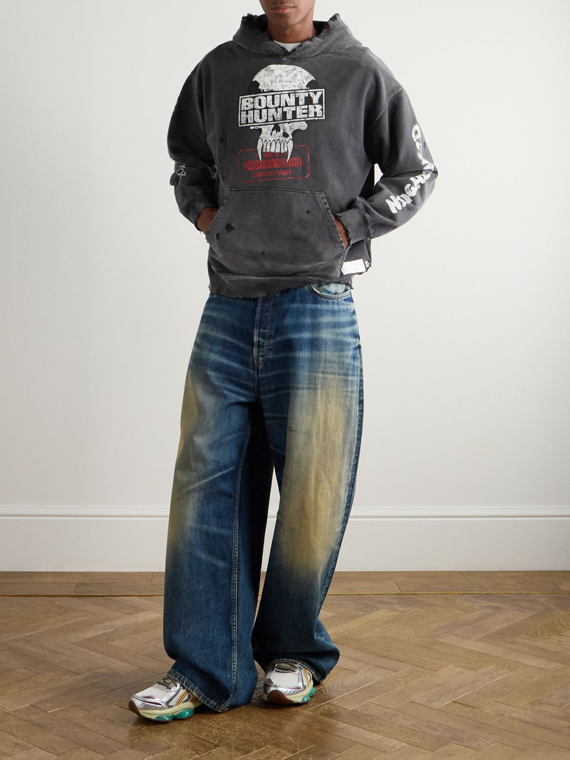 NEIGHBORHOOD + Bounty Hunter Savage Distressed Printed Cotton-Jersey Hoodie Black outlook