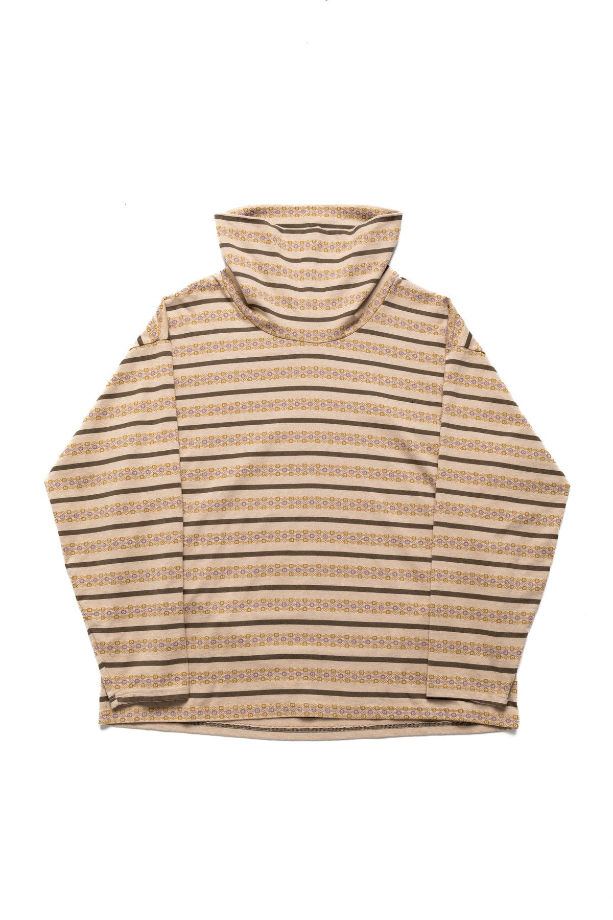 SUNRISE Jacquard Stripe Jersey Baggy High Neck Long Sleeve T - Beige x Khaki - 1