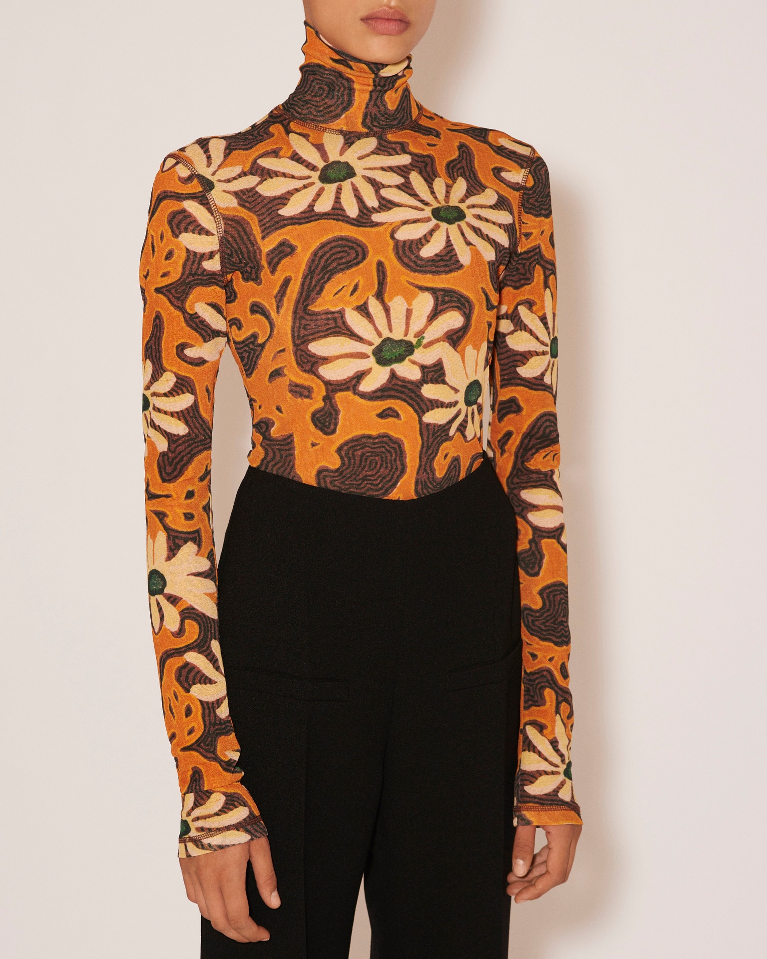 HARRI - Mesh-jersey floral turtleneck top - Orange - 5