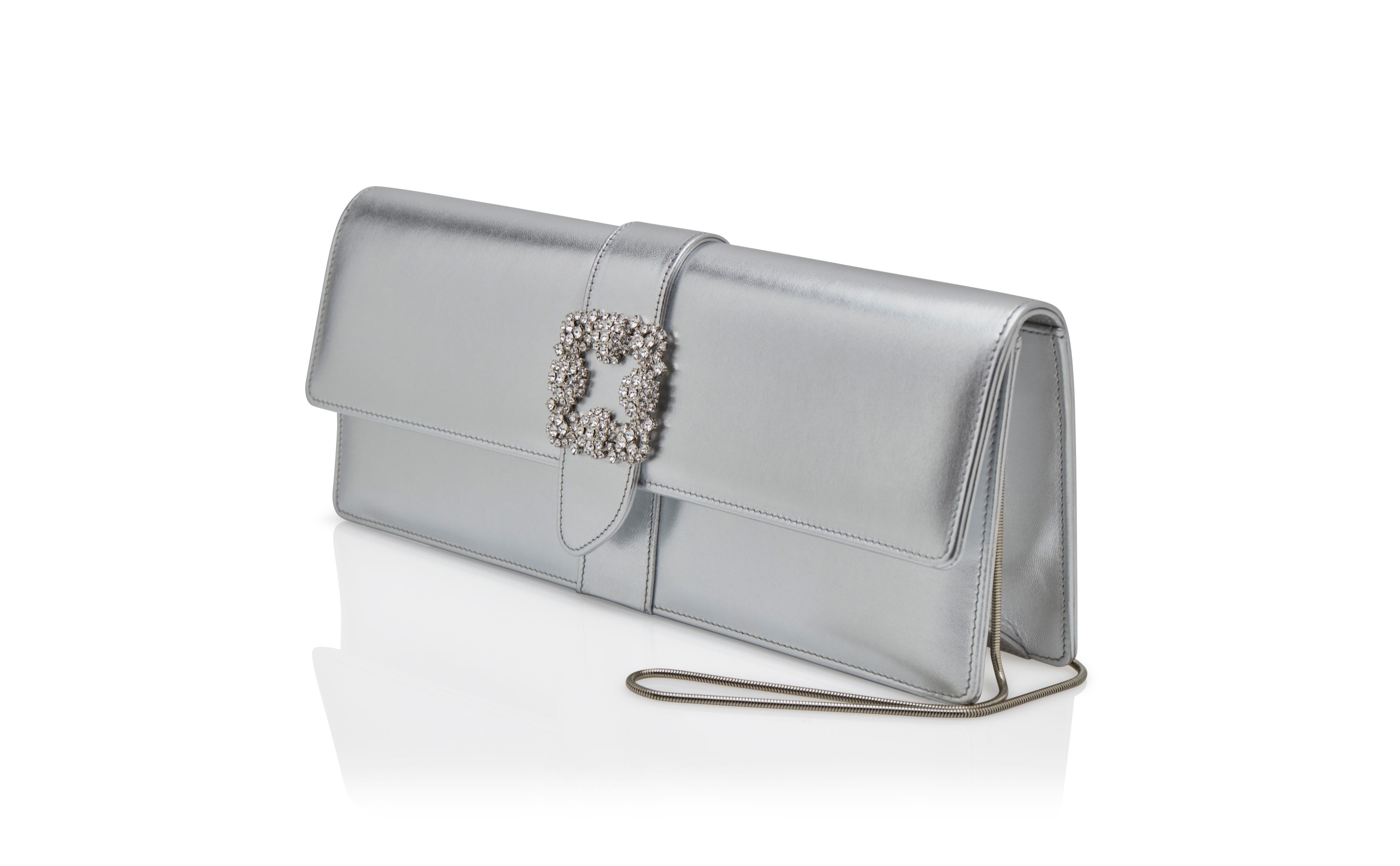 Silver Nappa Leather Jewel Buckle Clutch - 3