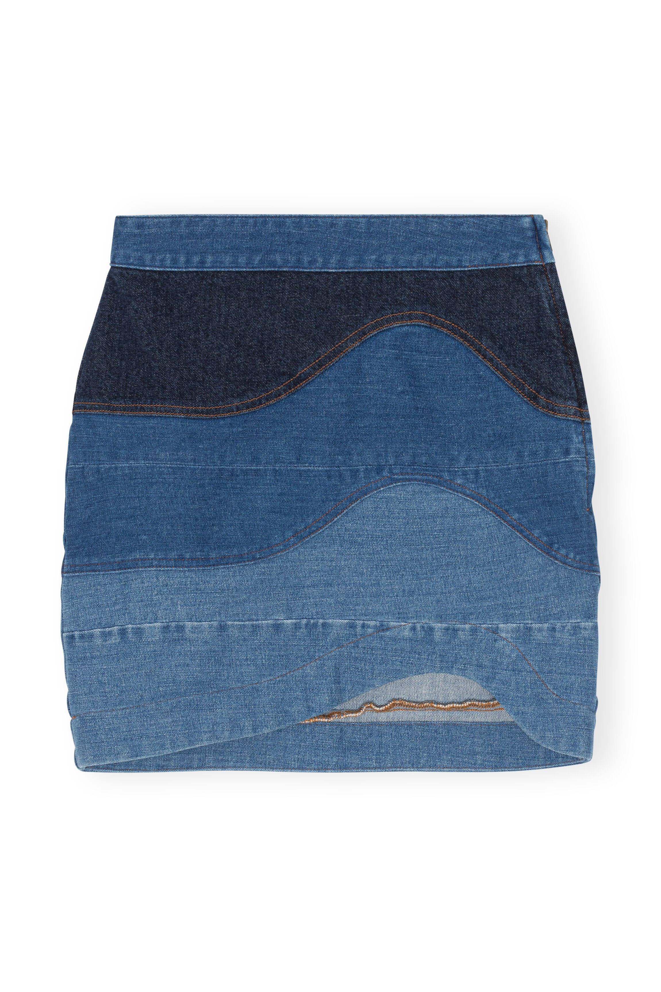 PATCHWORK STRETCH DENIM WAVY PATCHWORK MINI SKIRT - 7