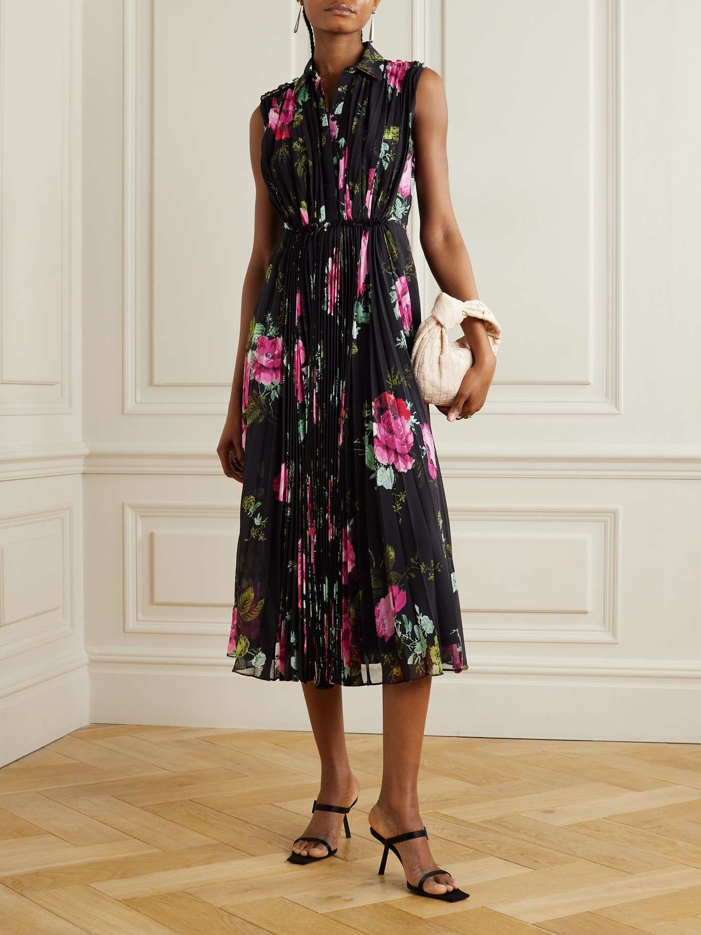 Gathered pleated floral-print chiffon midi dress - 2