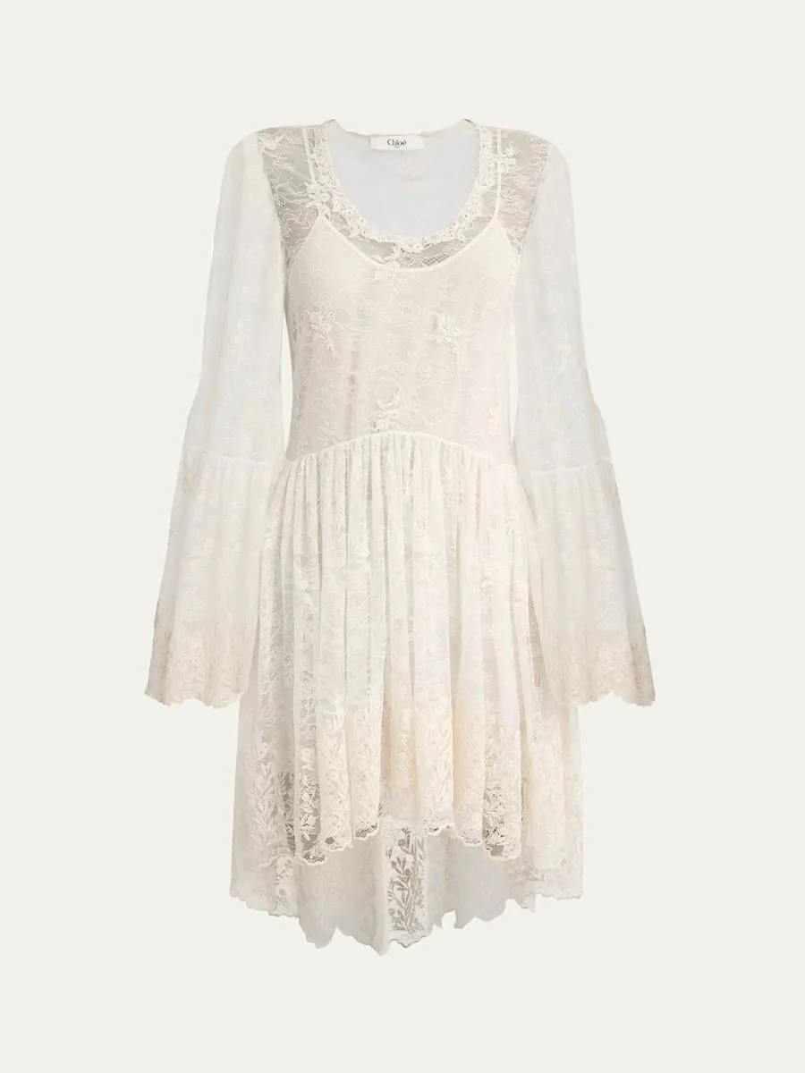 Lace U-Neck Long-Sleeve Mini Dress - 1