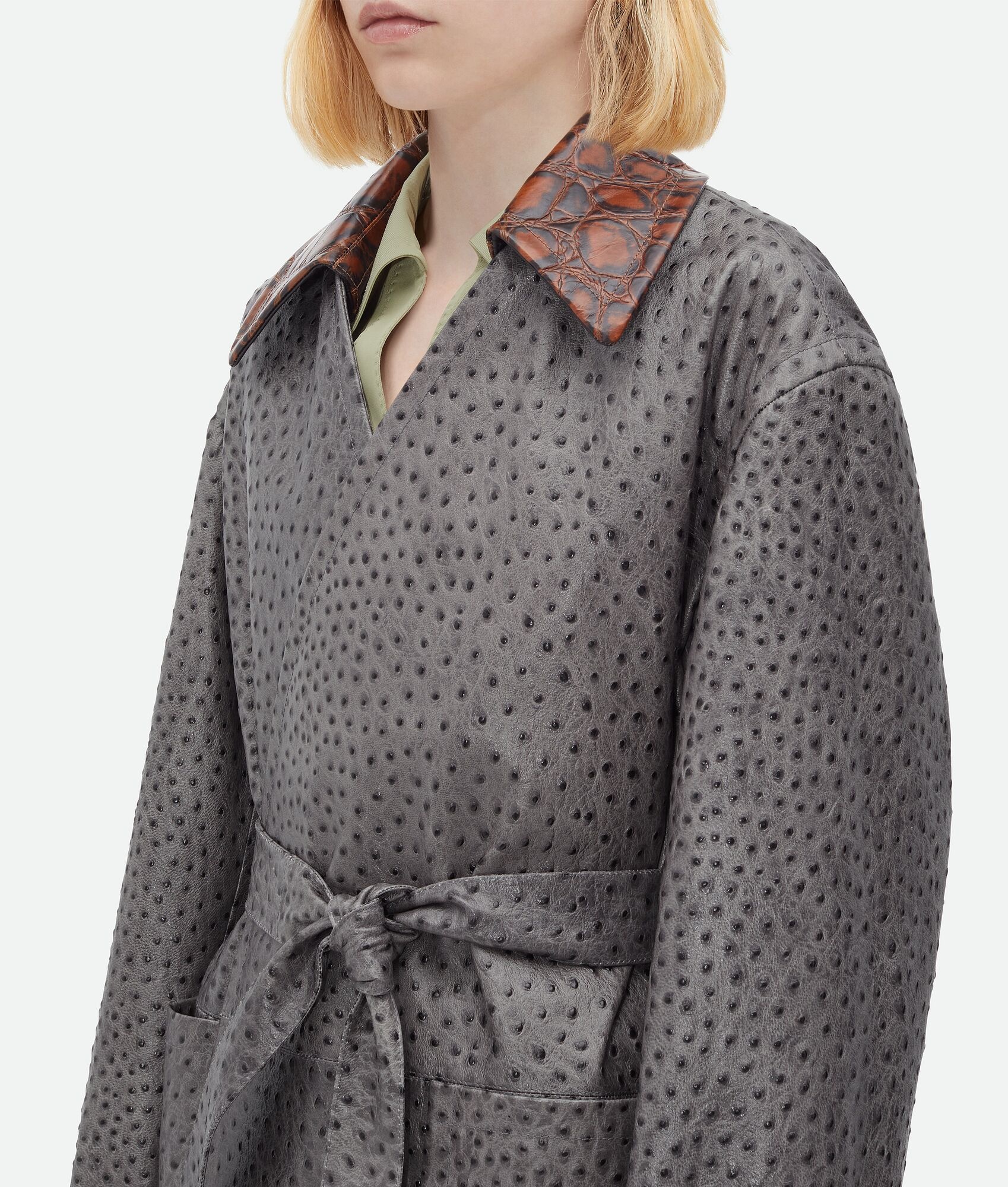 Ostrich-Effect Leather Belted Coat - 4