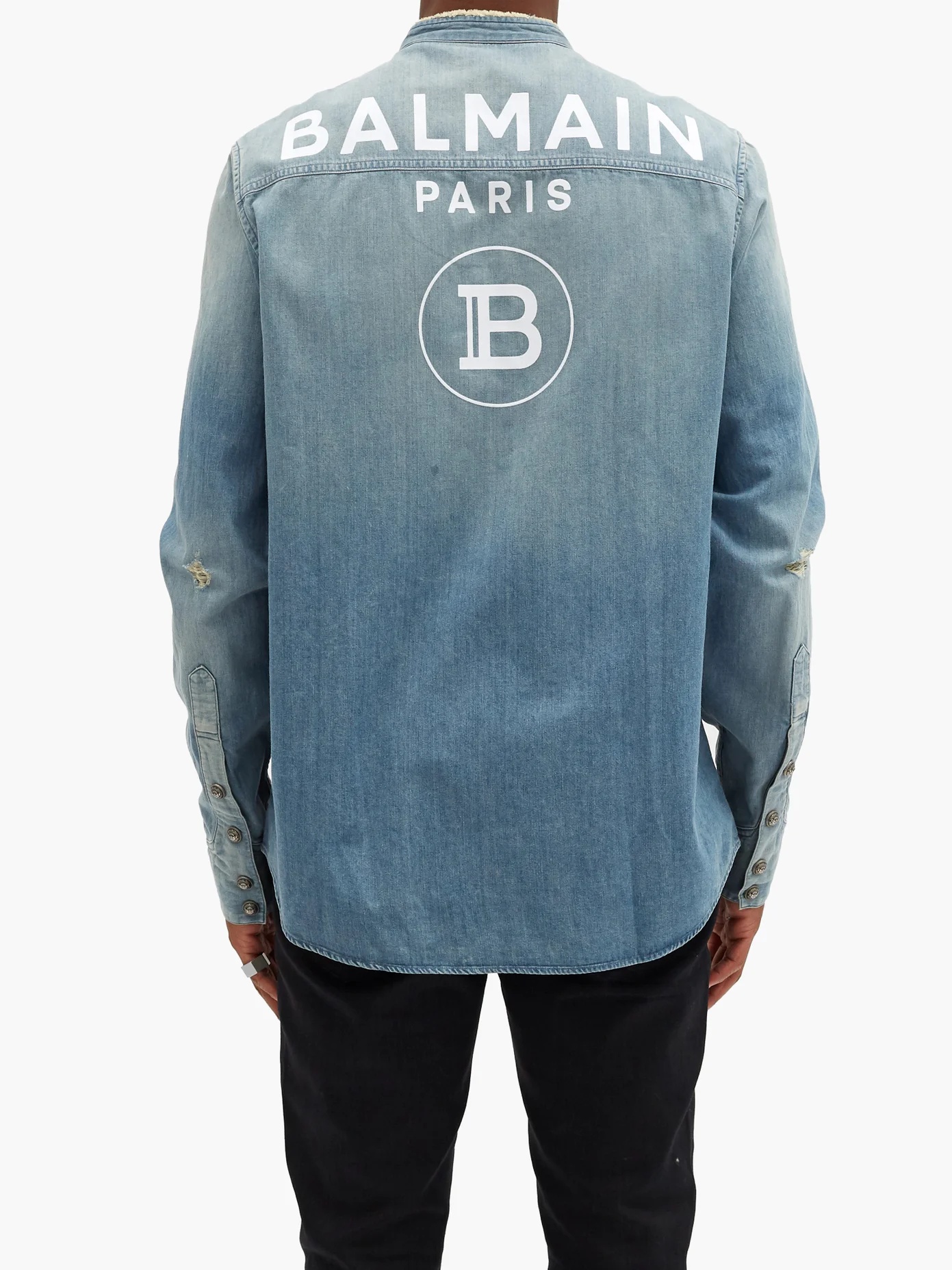 Logo-print distressed denim shirt - 5