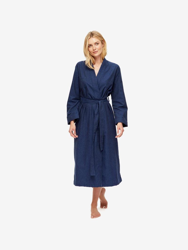 Women's Long Dressing Gown Balmoral 3 Brushed Cotton Navy 3
