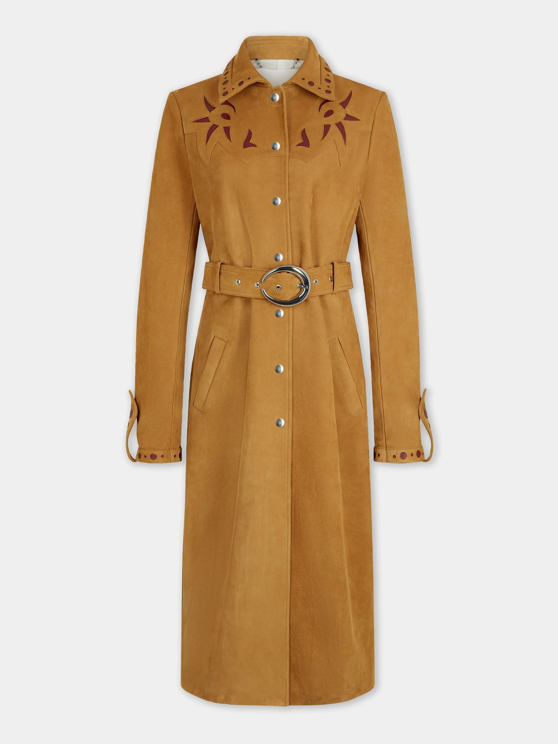 STRAIGHT CAMEL LEATHER TRENCH COAT WITH EMBELLISHMENTS - 1