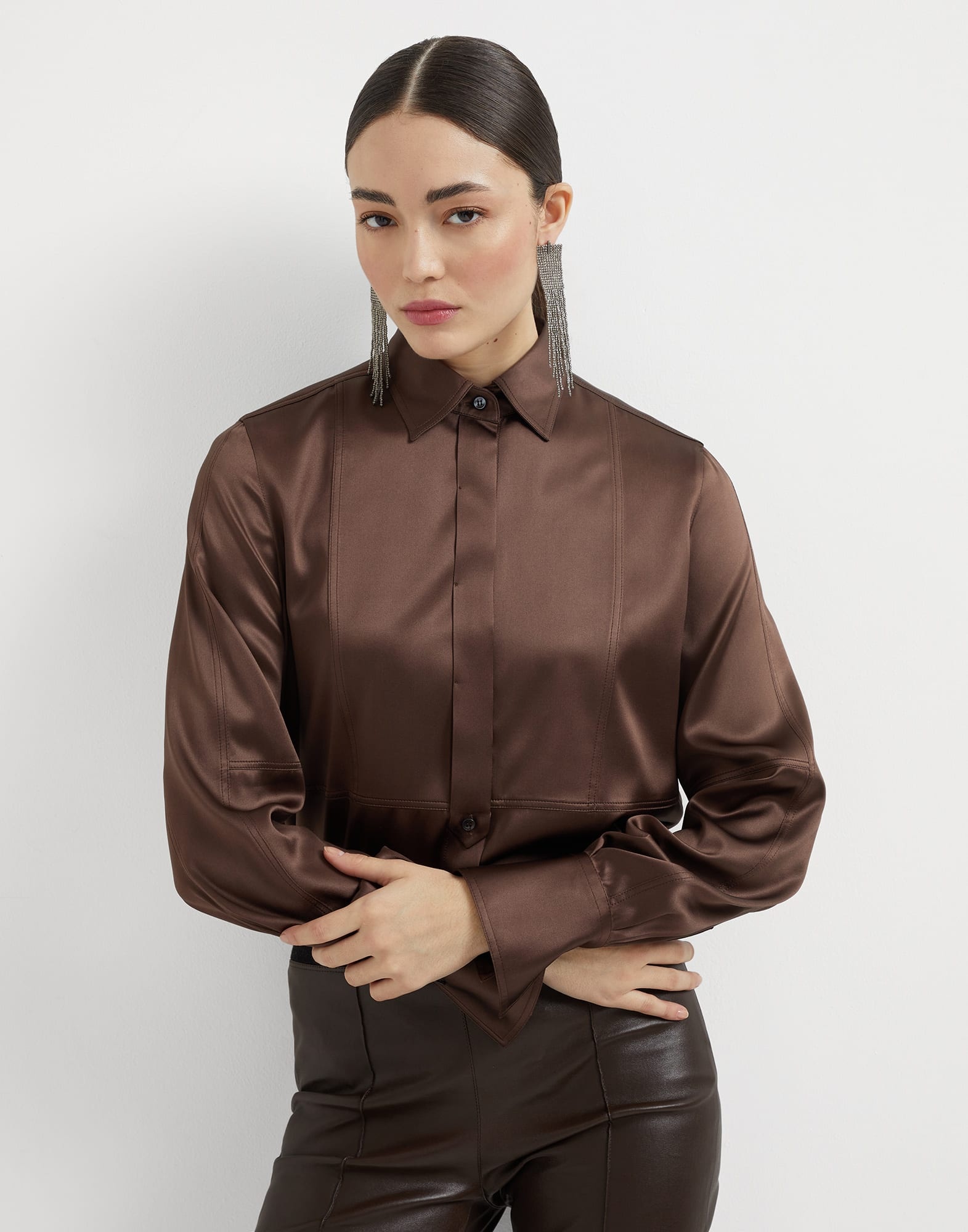 Stretch silk satin shirt with monili - 4