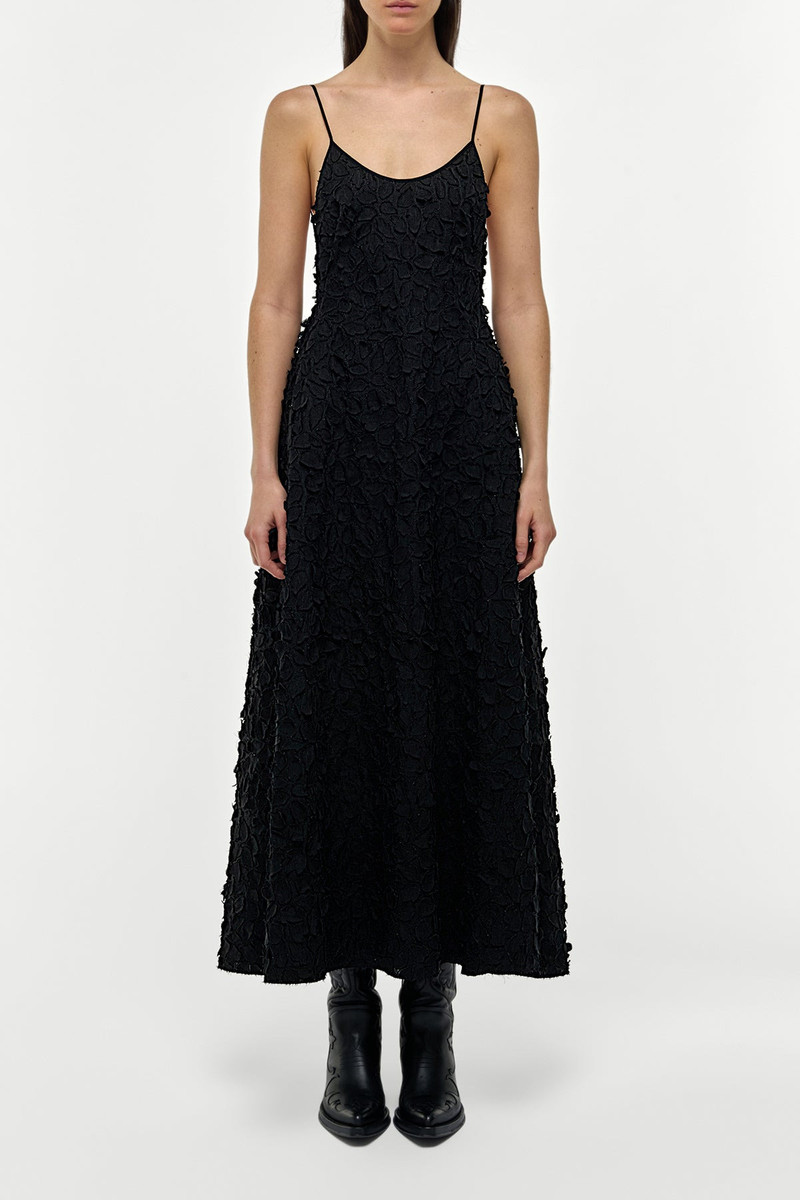 Nexus Embroidered Leaves Maxi Dress in Black Linen 3