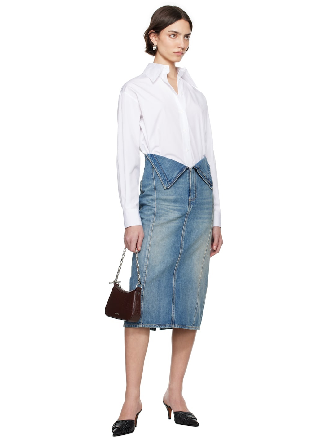 Blue Fold Over Waist Denim Midi Skirt - 4