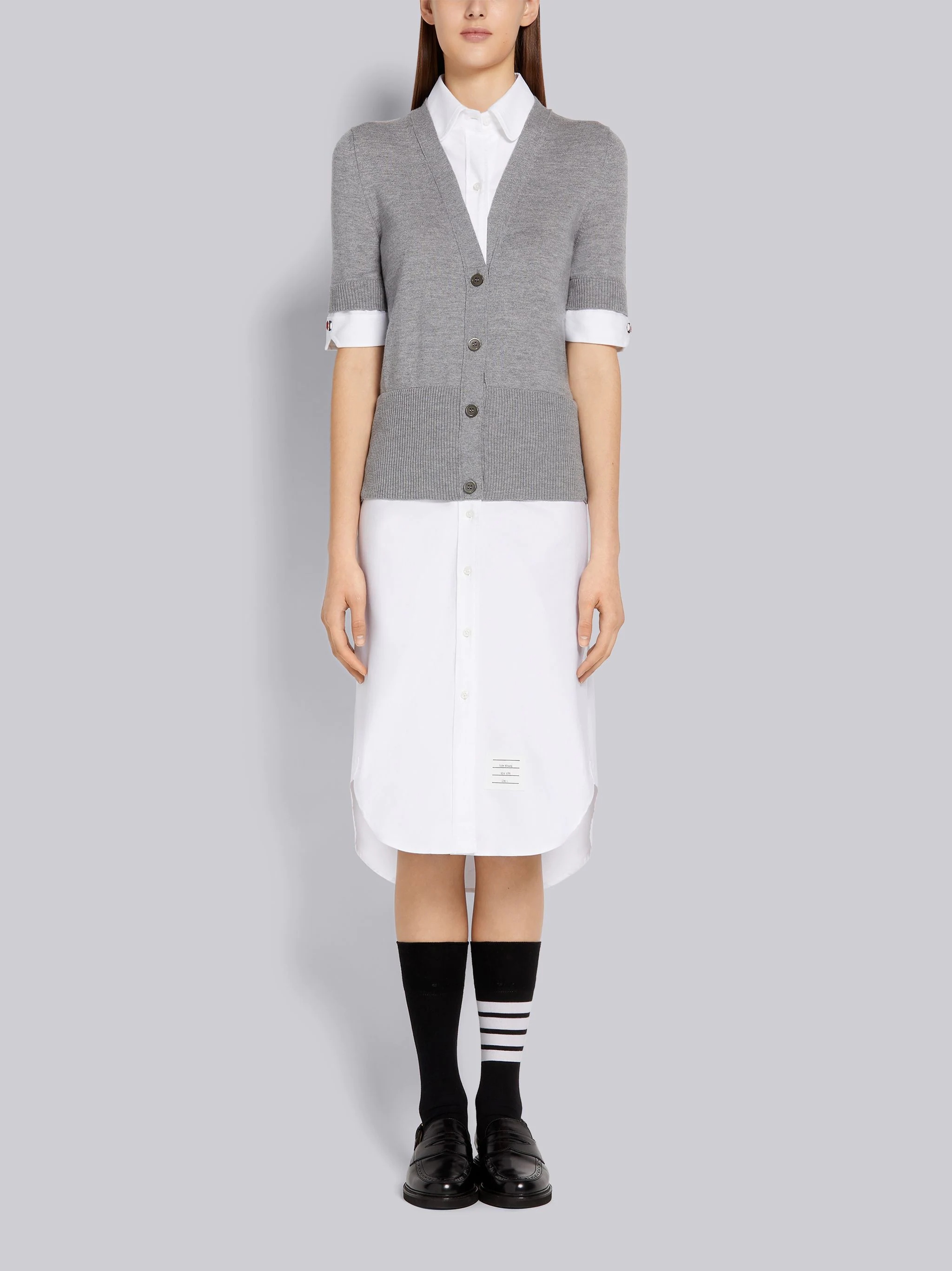 Light Grey Oxford and Fine Merino Wool V-Neck Pullover Combo Shirtdress - 1