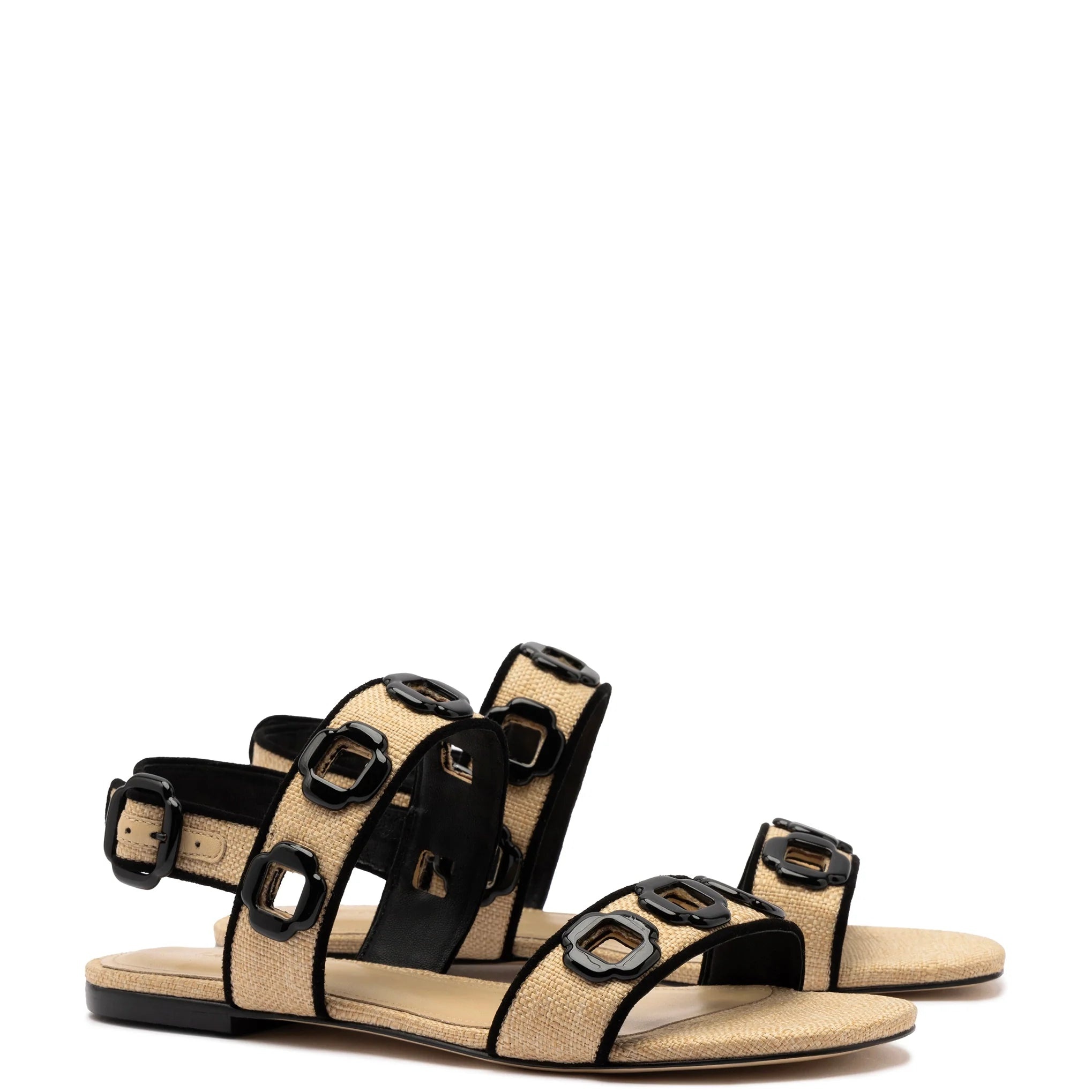 Larroude - Larroude Milan Flat Sandal In Beige Raffia Black-Trim - 2