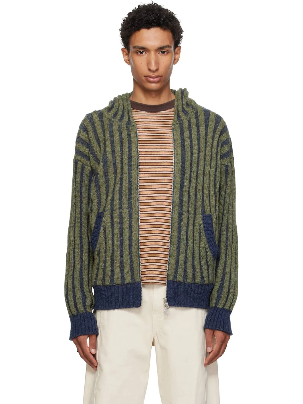 Green & Navy Ribbed Zip-Up Hoodie - 1
