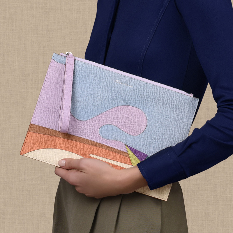 Santoni Lilac Saffiano leather pouch outlook