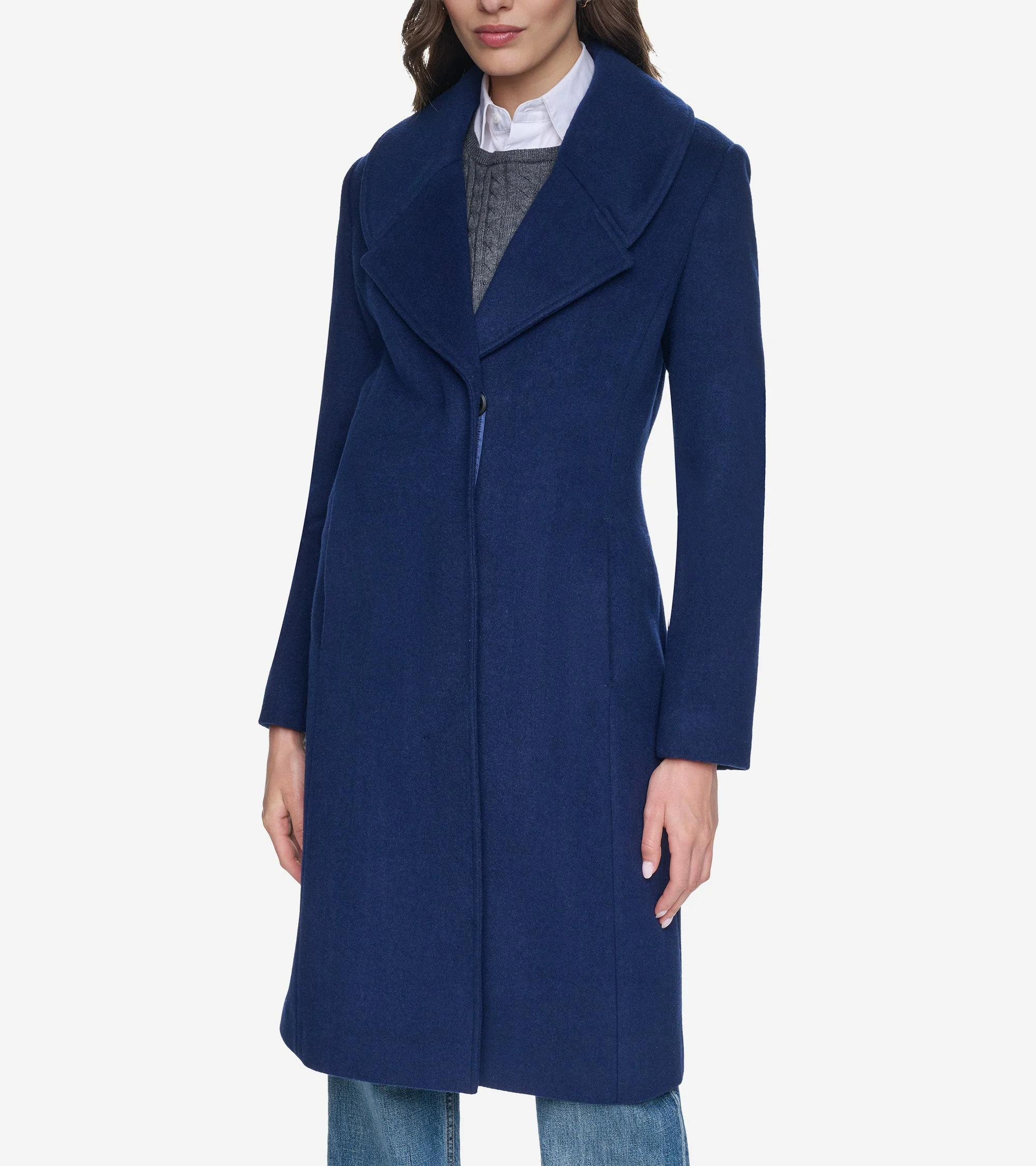 Women's Large Collar Wool Coat - 1