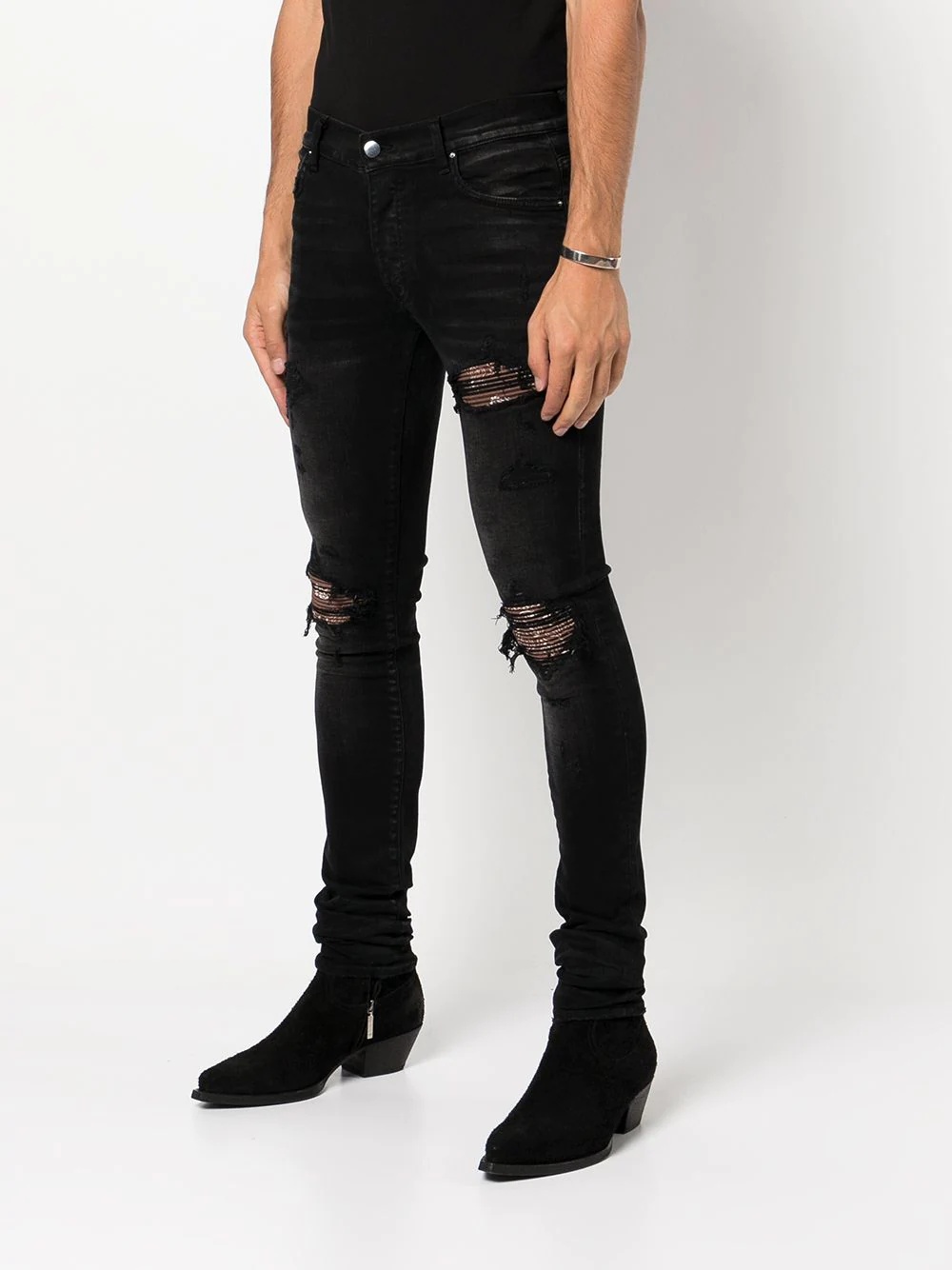 paisley-patch distressed skinny jeans - 3