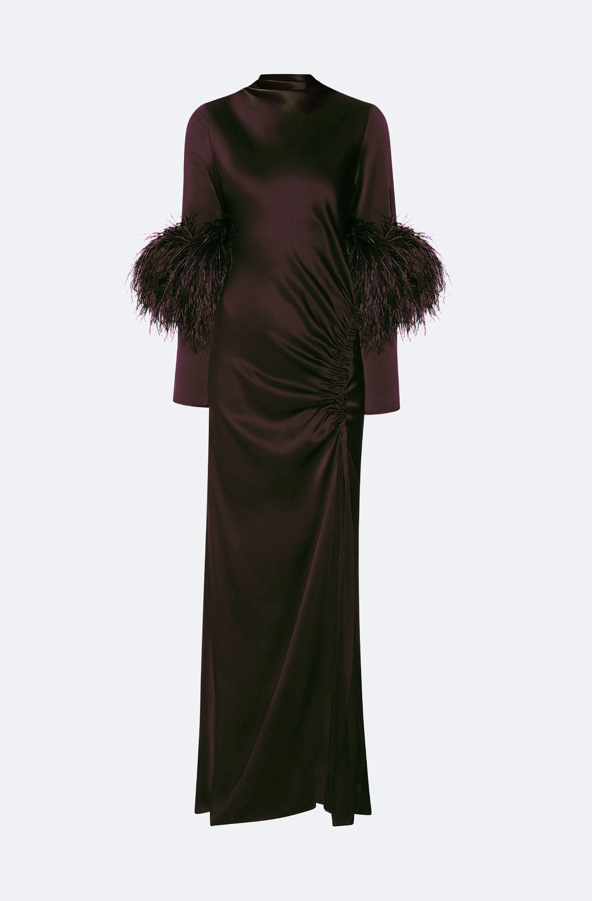 Satin Tab Gown With Feathers - 1