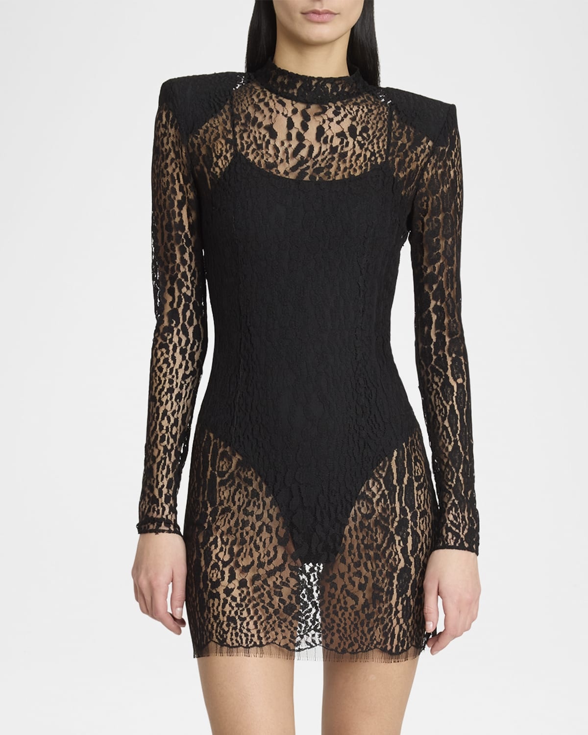 Leopard Lace Strong-Shoulder Mini Dress - 4