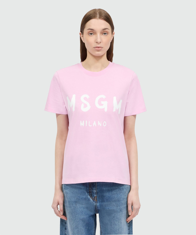 MSGM Pink short-sleeve cotton jersey T-shirt with brushed logo on the front outlook