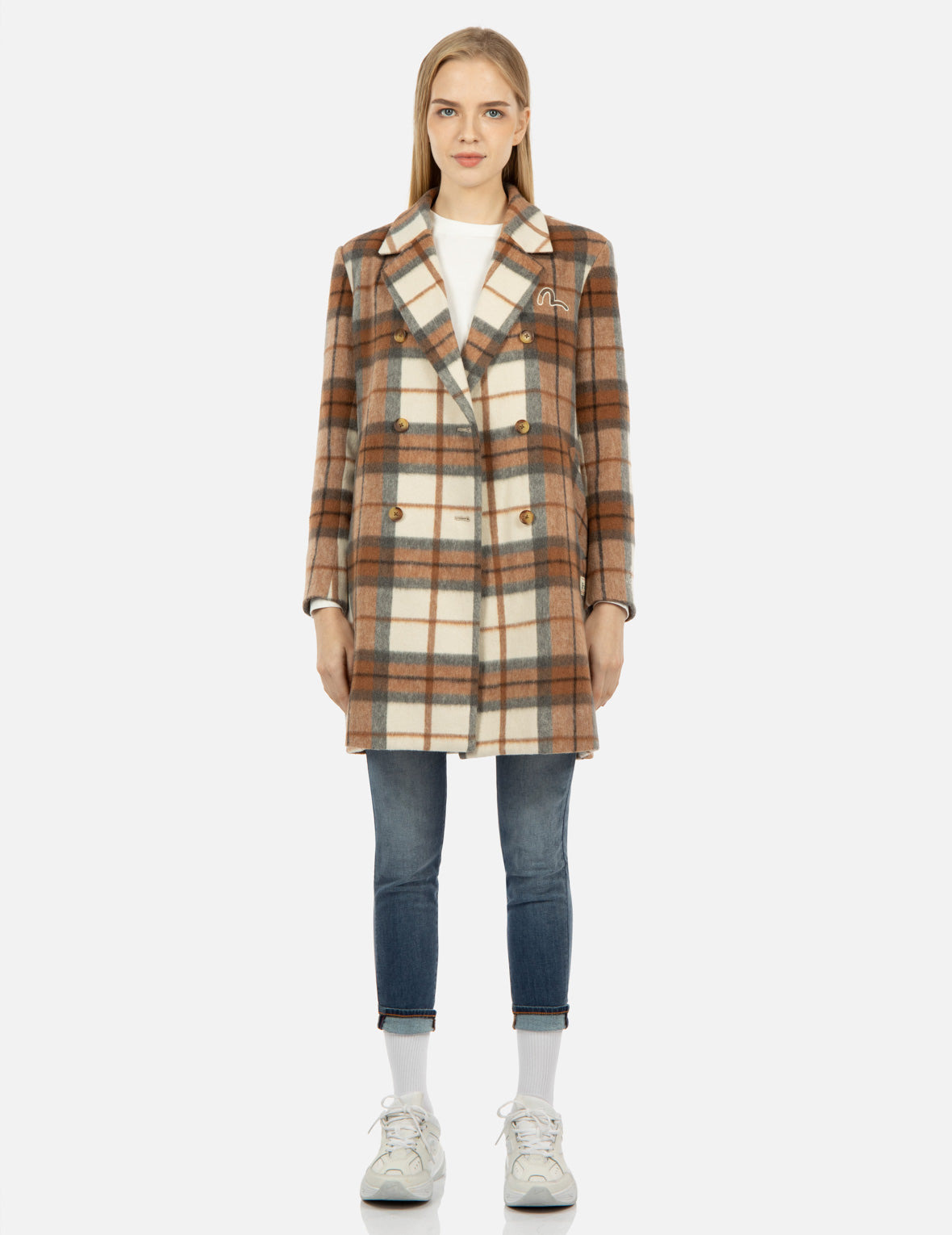 SEAGULL EMBROIDERY CHECKED WOOL-BLEND COAT - 5