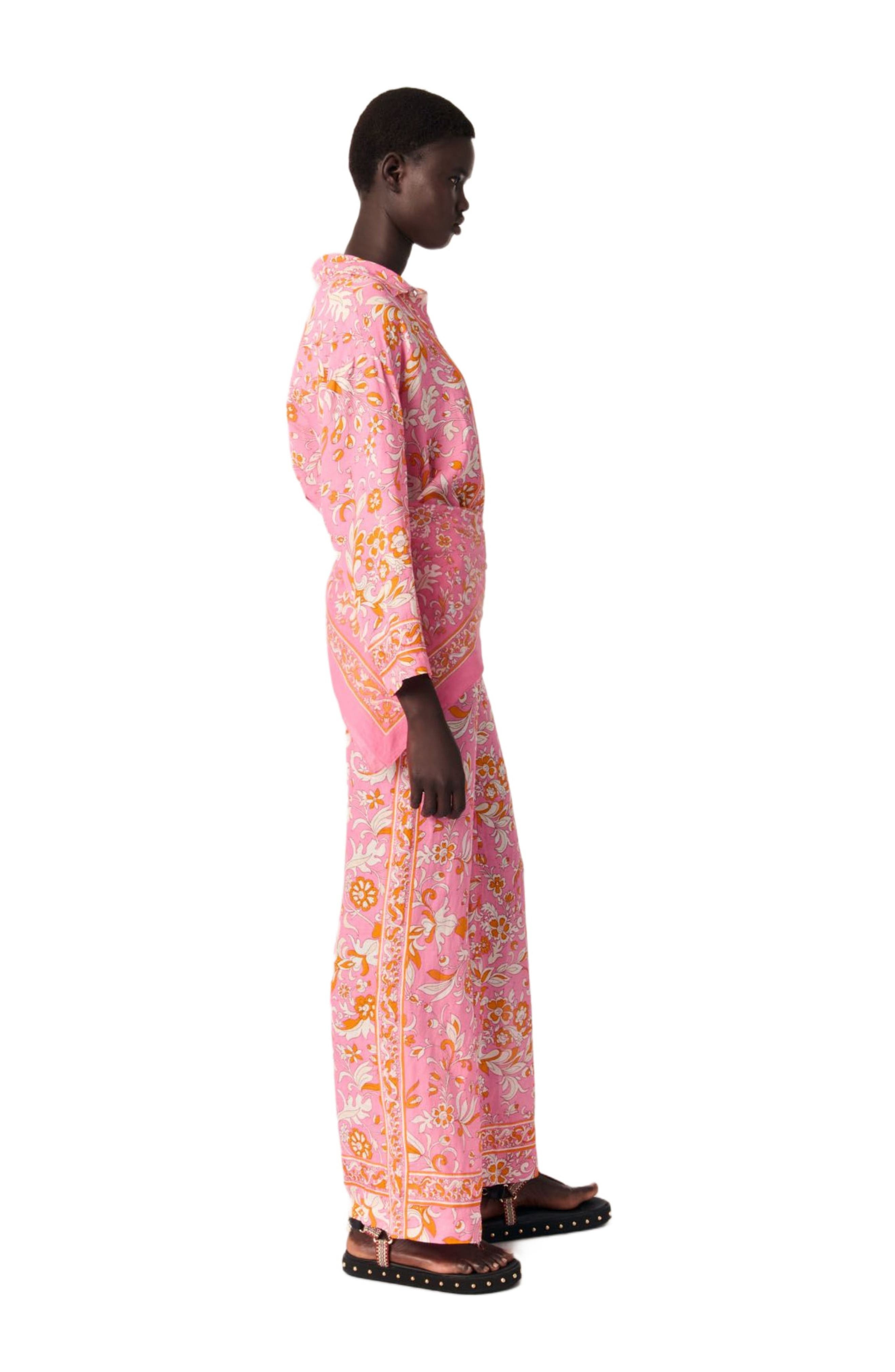 maje Patterned flowing linen shirt in Orange Pink Flowers Print at Nordstrom - 4