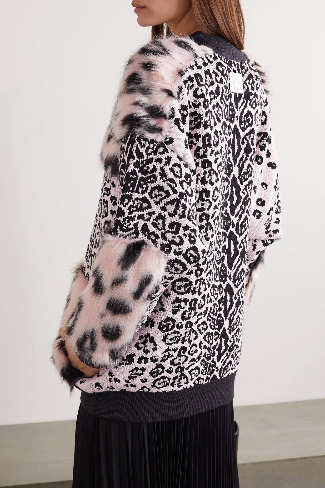 Faux fur and leopard-intarsia knitted cardigan - 4