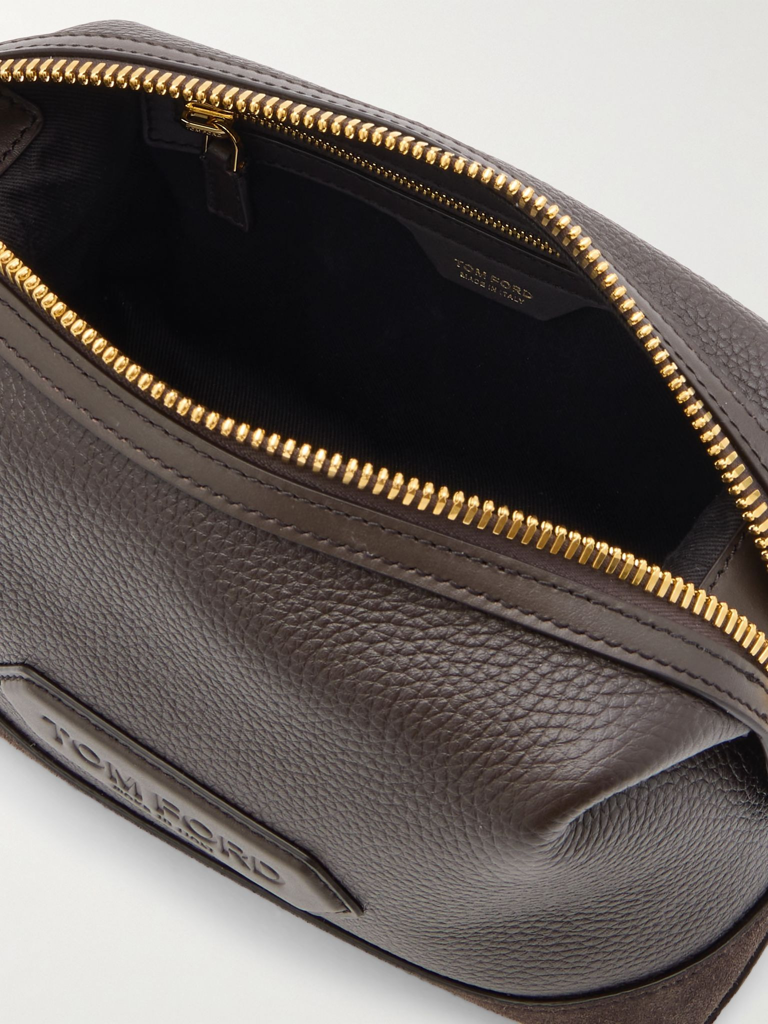 Suede-Trimmed Full-Grain Leather Wash Bag Brown - 4