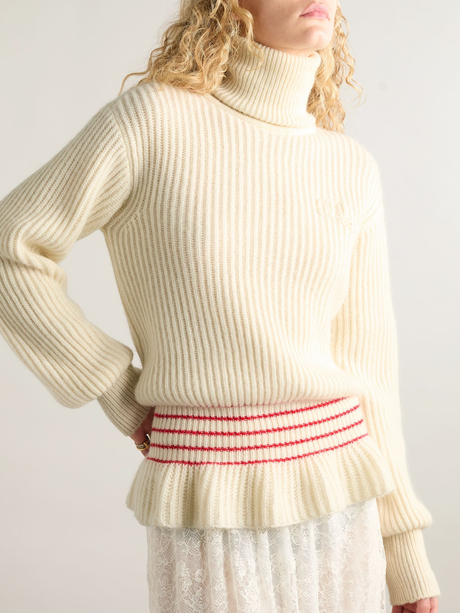 Turtleneck striped ribbed wool and mohair-blend peplum sweater Cream - 3