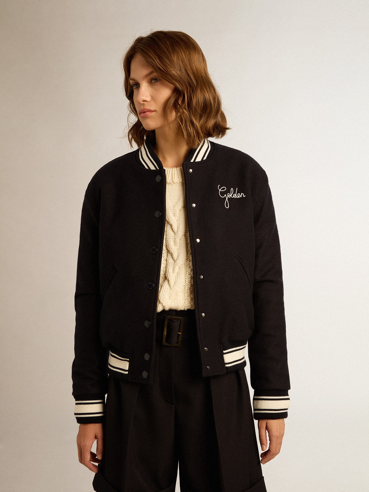 Women's bomber jacket in dark blue wool with white details - 5