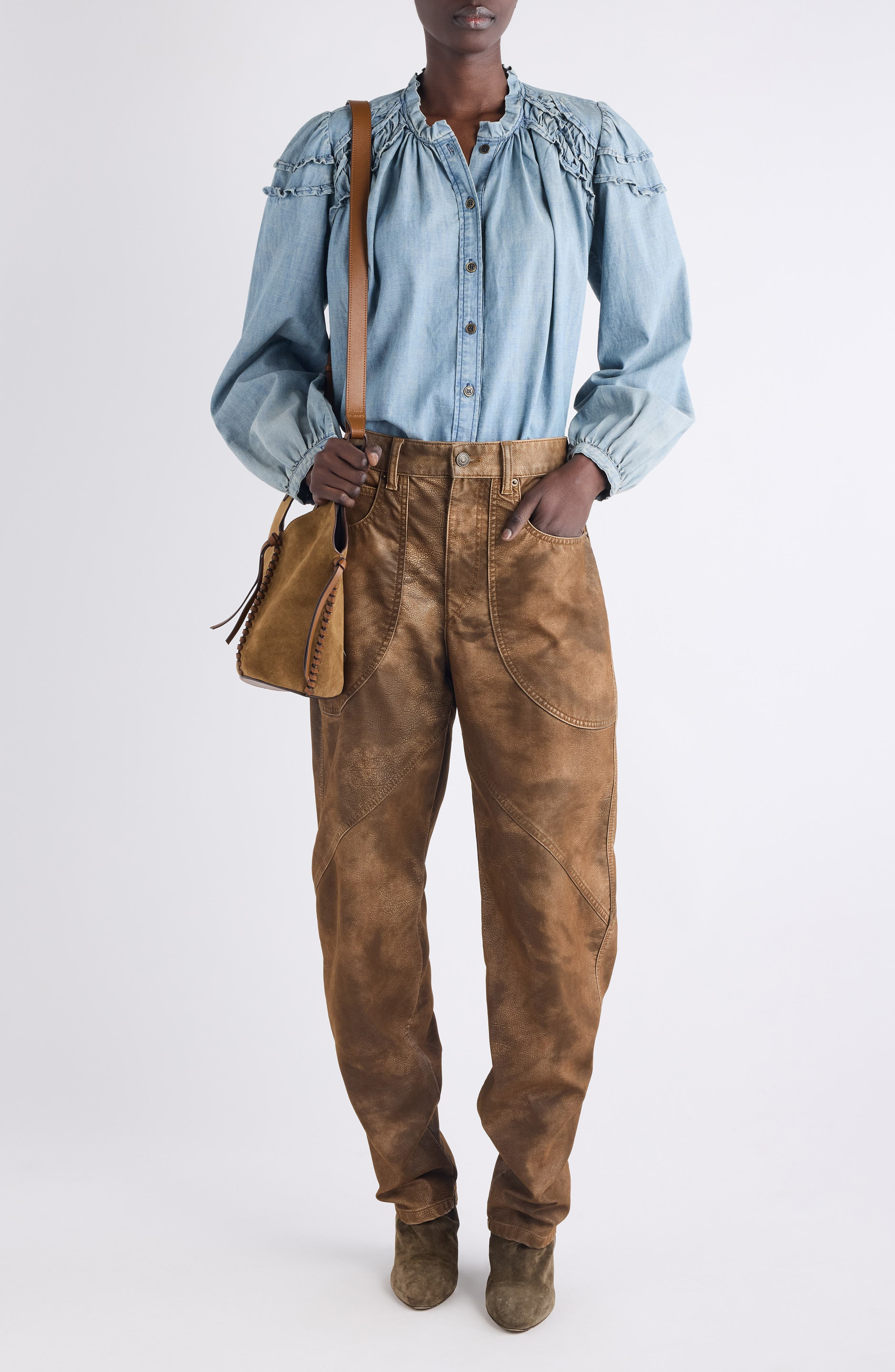 Isabel Marant Étoile Milya Ruffle Denim Button-Up Shirt in Blue at Nordstrom - 2